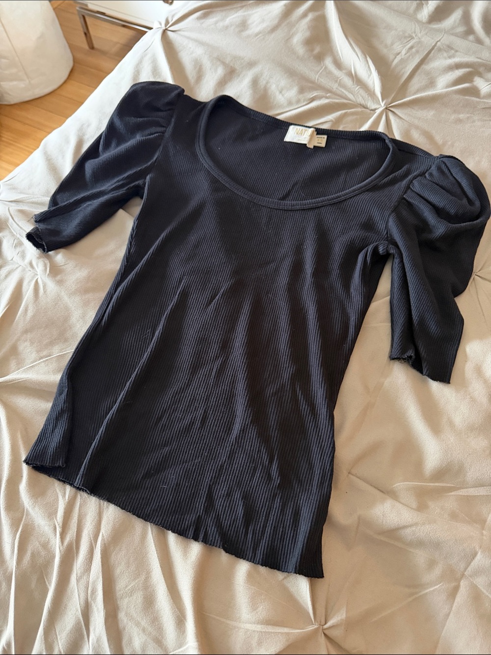 Nation LTD Black Ribbed Puff-Sleeve Scoop Neck Top - Short Sleeve